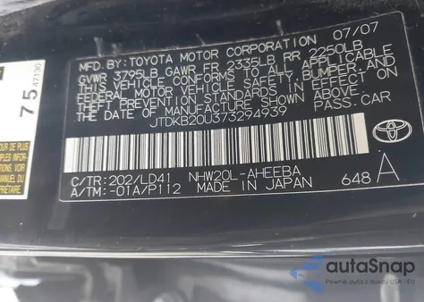 2007 Toyota Prius из США, поврежденный, VIN JTDKB20U373294939